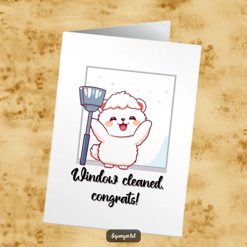 Funny Free Printable Congrats Card: Fluffy animal joyfully wiping a window, celebrating achievement with a smile.