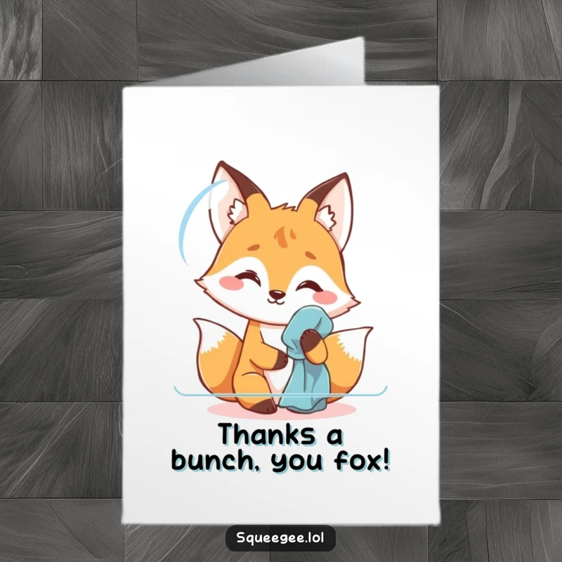 Funny Free Printable Fox Thank You Card: A smiling fox polishing a surface, expressing heartfelt thanks with a polished, witty gesture.