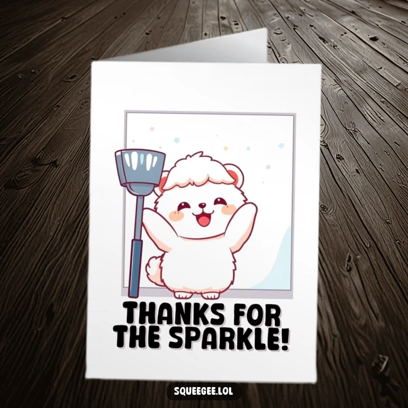 Funny Free Printable Thank You Card: Fluffy animal enthusiastically cleaning a window pane, showing gratitude.