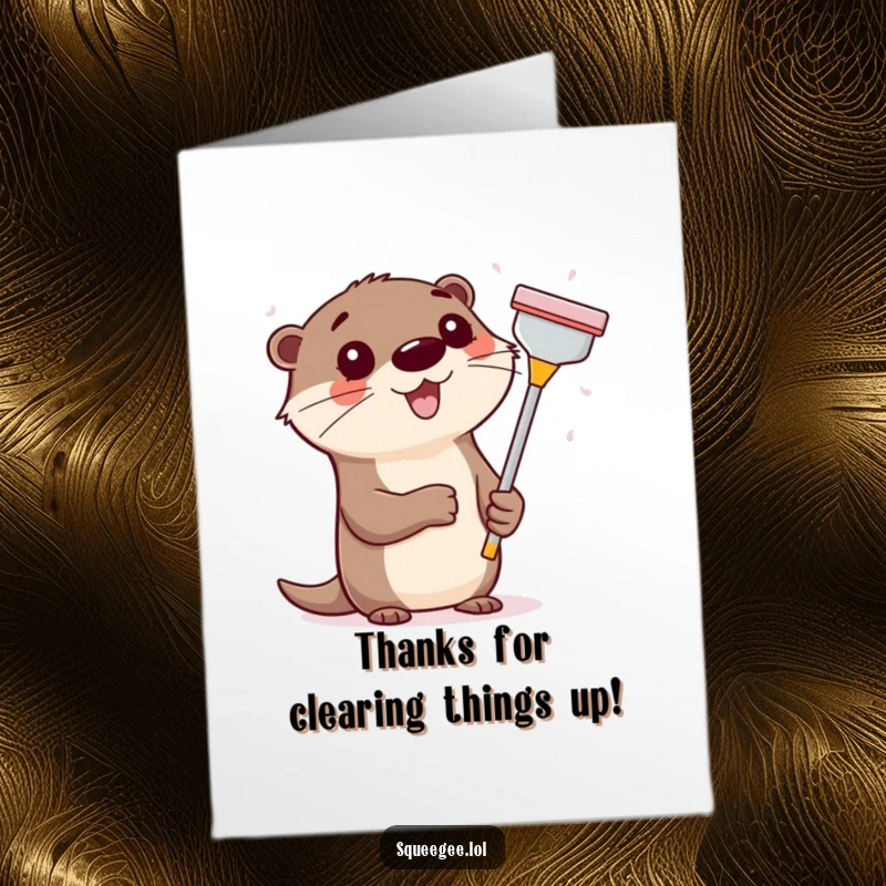 Funny Free Printable Thank You Card: Happy otter wiping a window with a squeegee, sending thanks 'Print at Home'.