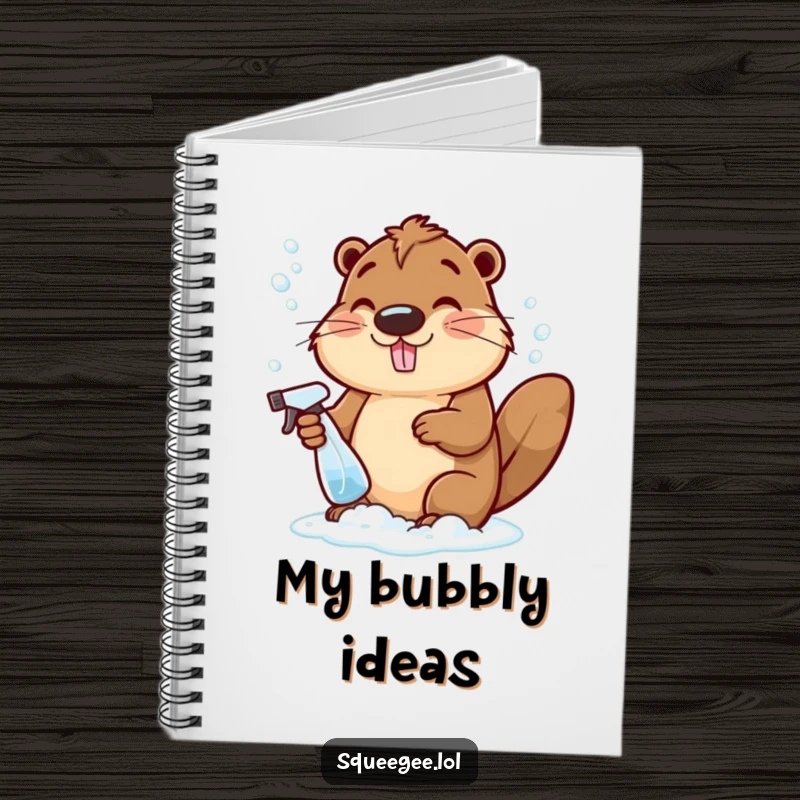 Funny cheerful beaver making bubbly suds with a spray bottle, a humorous and functional notebook.
