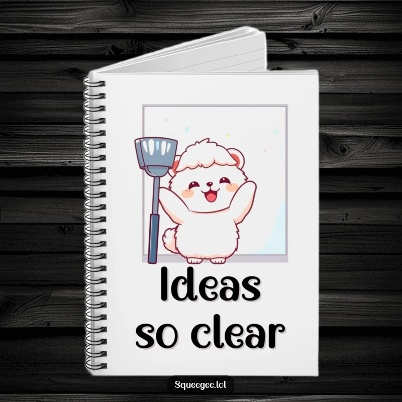 Funny fluffy animal joyfully wiping a large window pane, notebook for a funny gift.