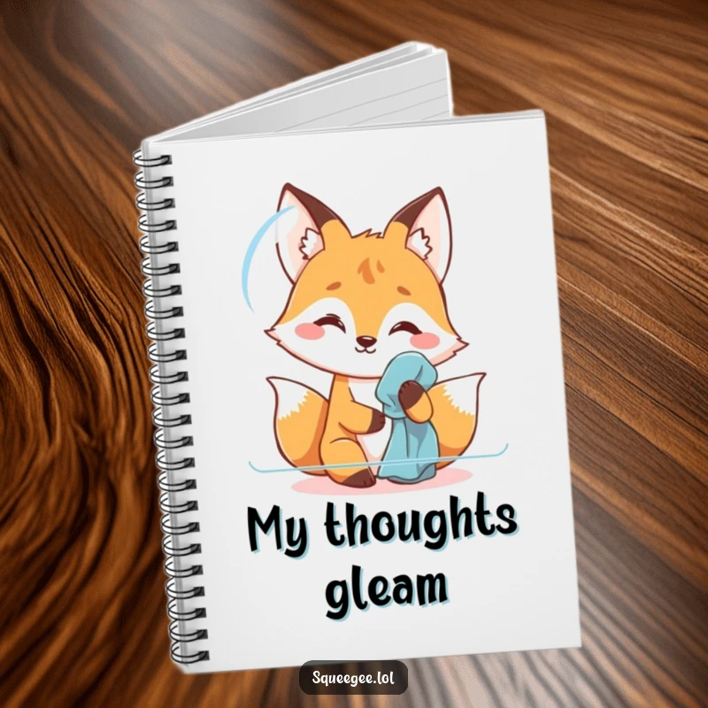 Funny fox polishing notebook cover, showcasing meticulousness with humor, ideal for organized note-taking.