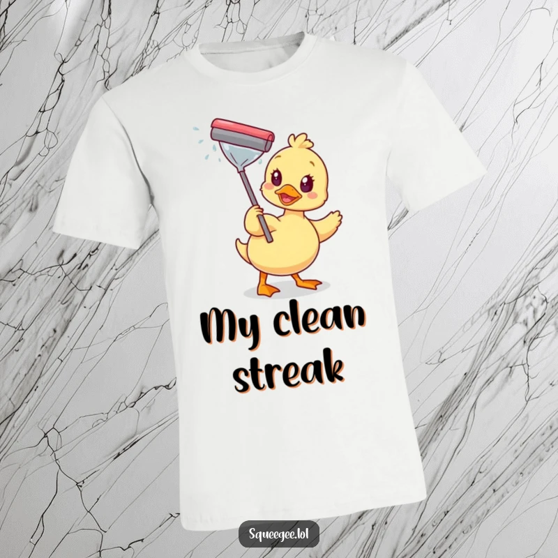 Funny t-shirt showcasing a happy duck diligently wiping a sparkling window with a squeegee, embodying cheerful cleanliness.
