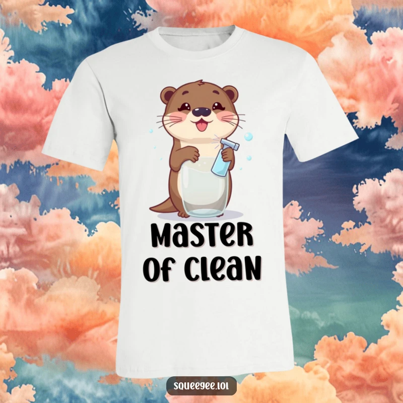 Funny Otter T-Shirt: A cute cartoon otter gleefully sprays a window, creating a delightful mess of soap bubbles, showcasing its cleaning enthusiasm.