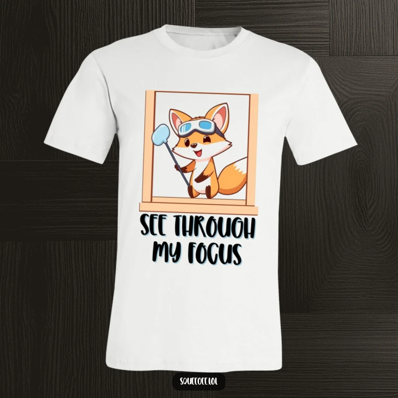 Funny Fox T-Shirt: A funny cartoon fox wearing safety goggles vigorously cleans a window, demonstrating extreme effort and a commitment to cleanliness.