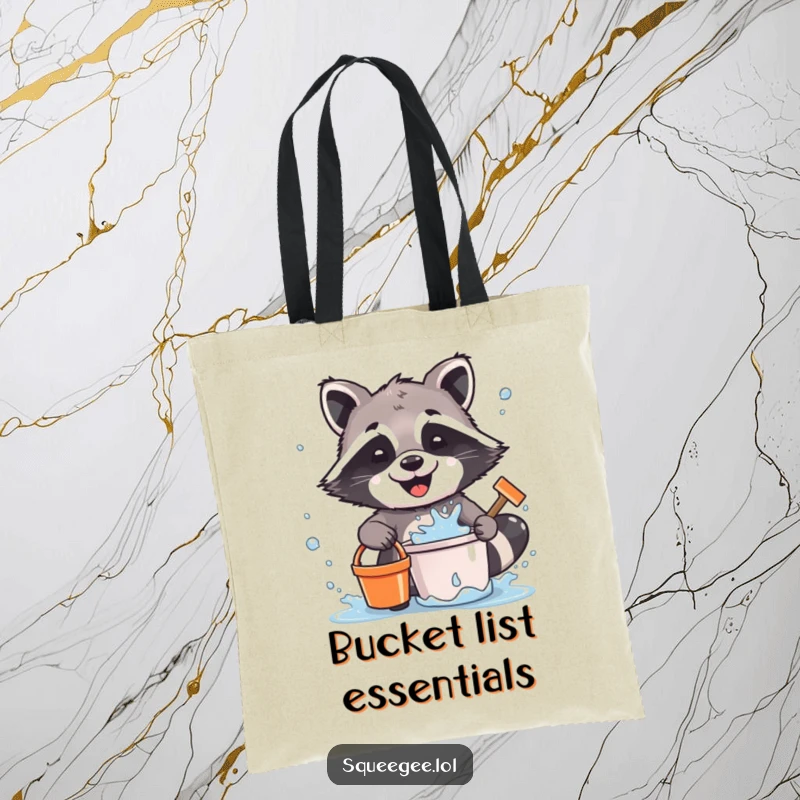 Funny Raccoon Tote Bag: A joyful raccoon gleefully splatters water while cleaning with a bucket and squeegee, perfect for carrying items with a splash.