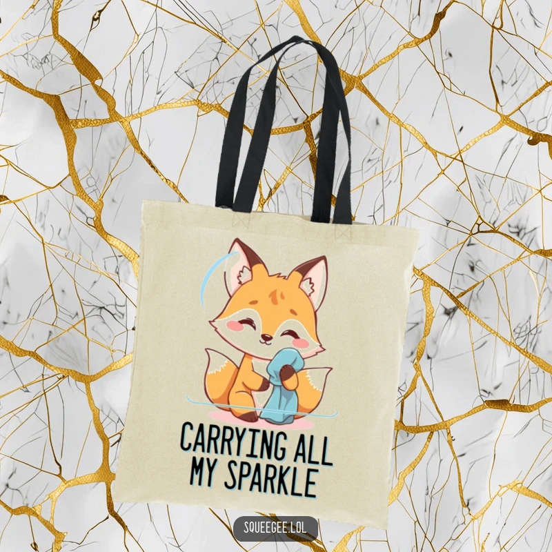 Funny fox tote bag, diligently polishing, ready to carry your items with a humorous shine.