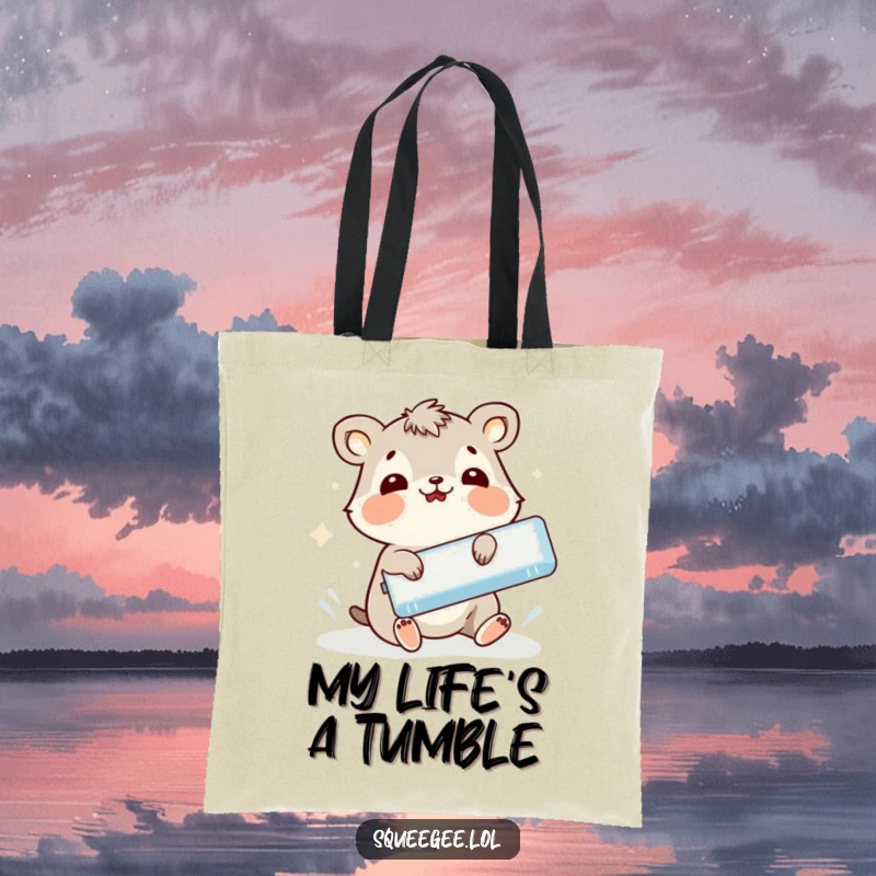 Funny animal comically slipping while holding a squeegee, a funny tote bag for cleaning mishaps.