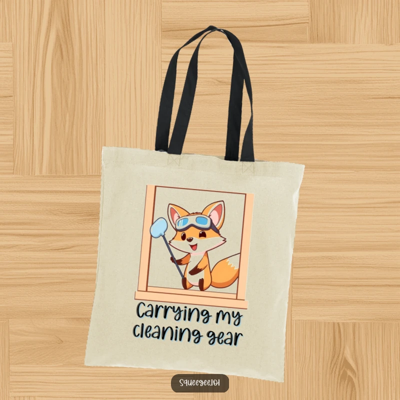 Funny Fox Tote Bag: A diligent cartoon fox wearing goggles cleans a window with great effort, perfect for carrying groceries with a humorous touch.