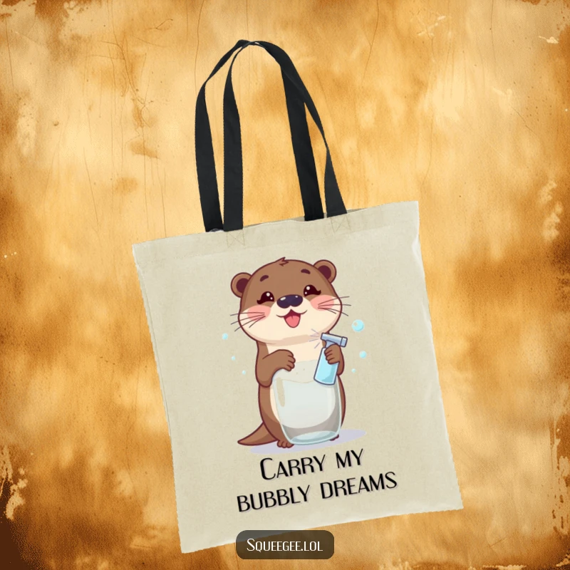 Funny Otter Tote Bag: A cheerful otter with a spray bottle is cleaning glass, creating a playful explosion of soap bubbles, great for everyday use.